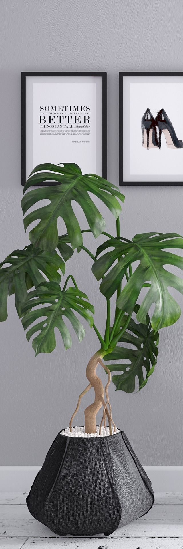 Decoration set three framed pictures on shelf with potted plant 3D model_1