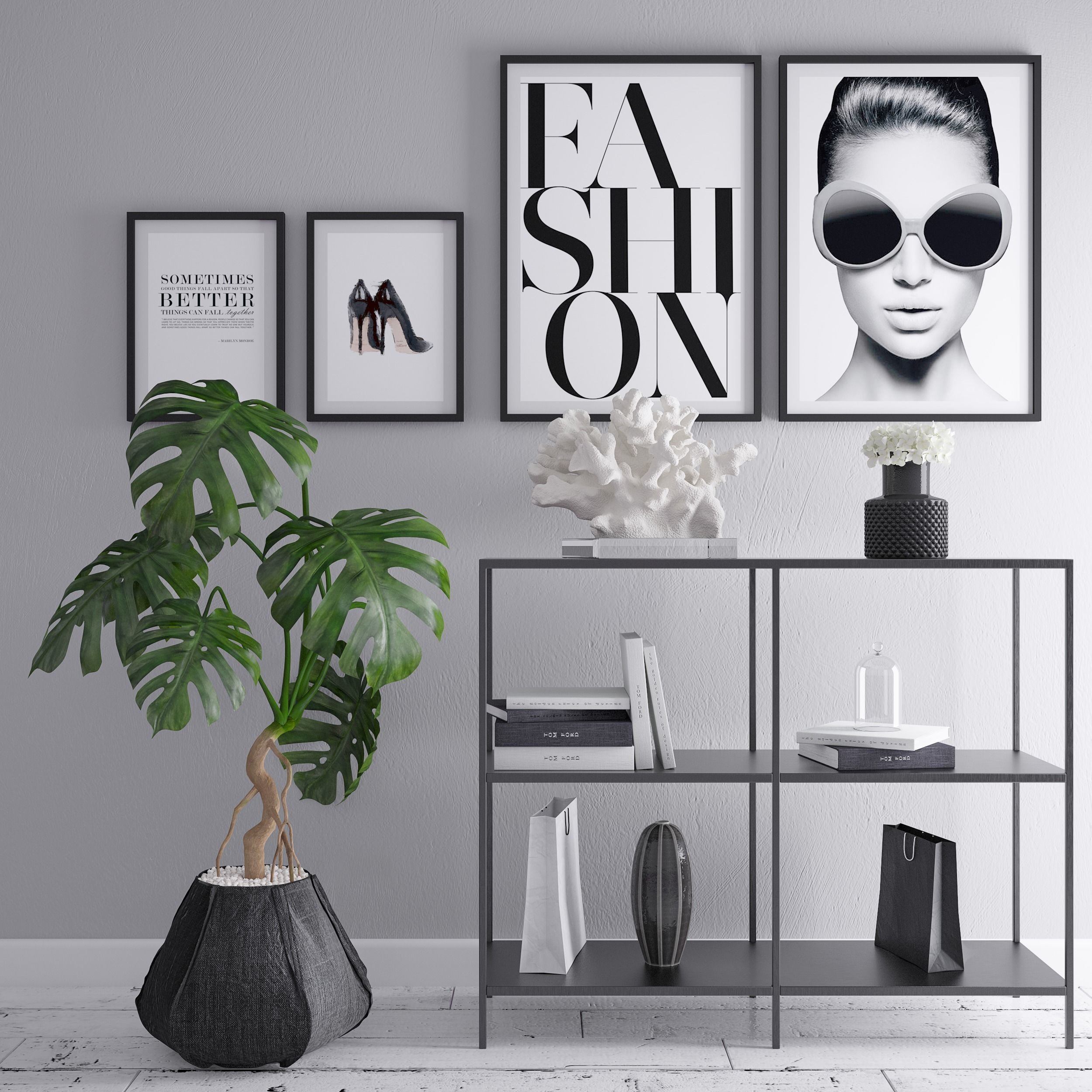Decoration set three framed pictures on shelf with potted plant 3D model_0