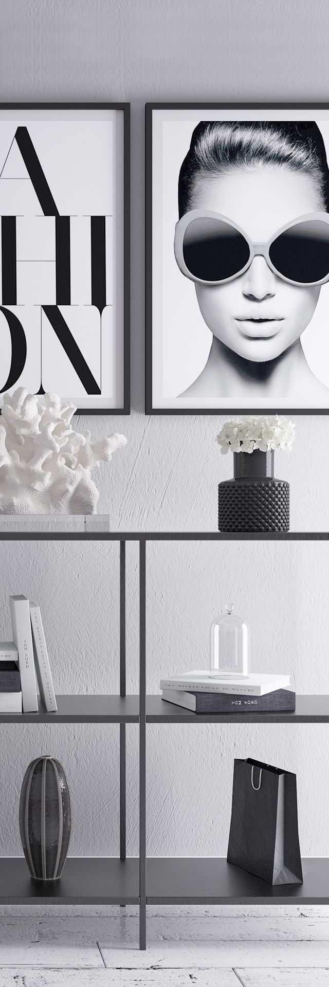 Decoration set three framed pictures on shelf with potted plant 3D model_2