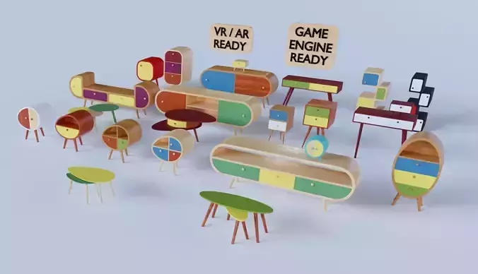 70s style furniture collection Low-poly 3D model