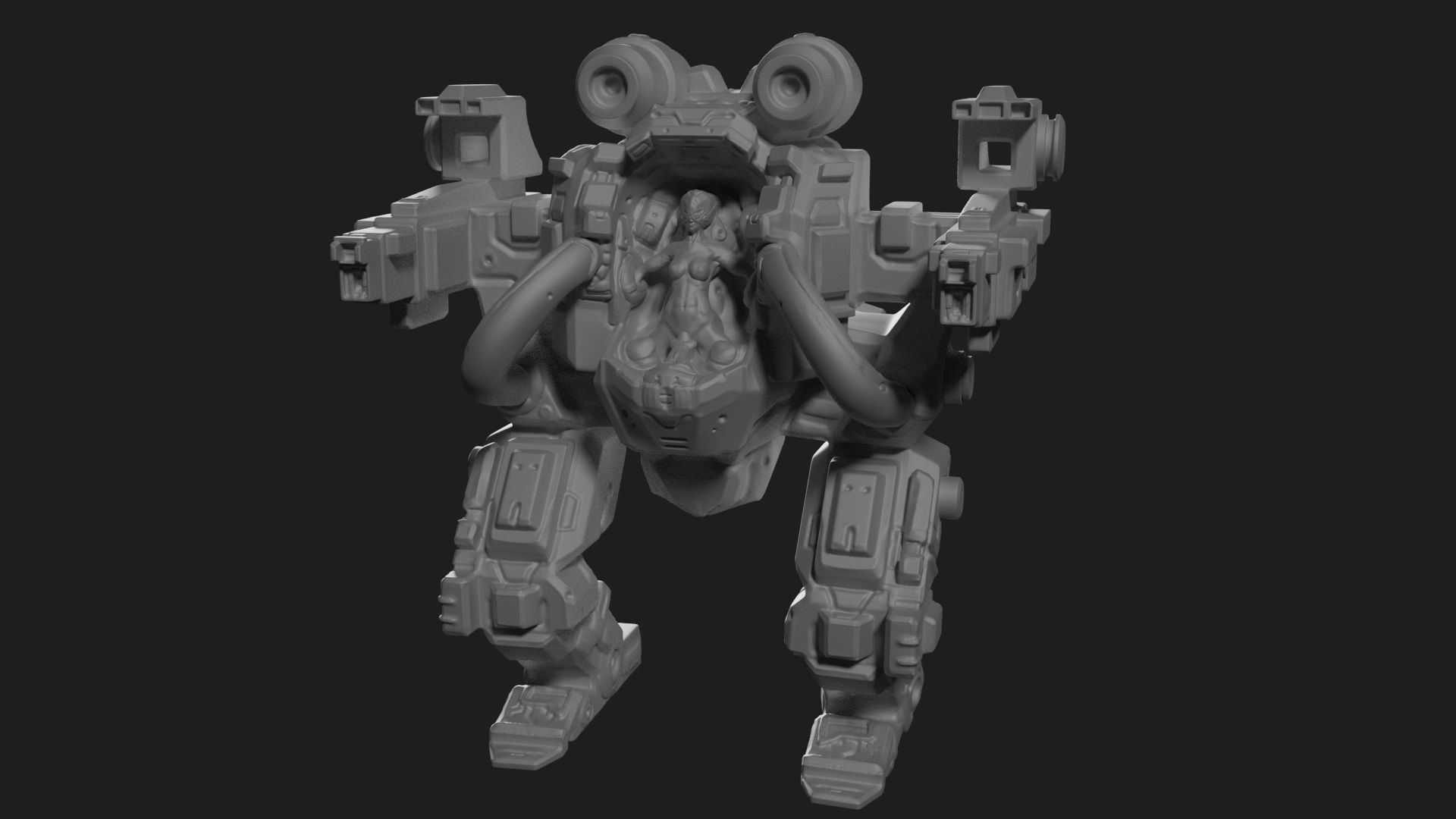 High poly model of mech with girl pilot