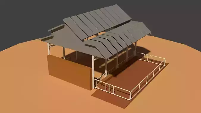 Low Poly Cowshed house in desert