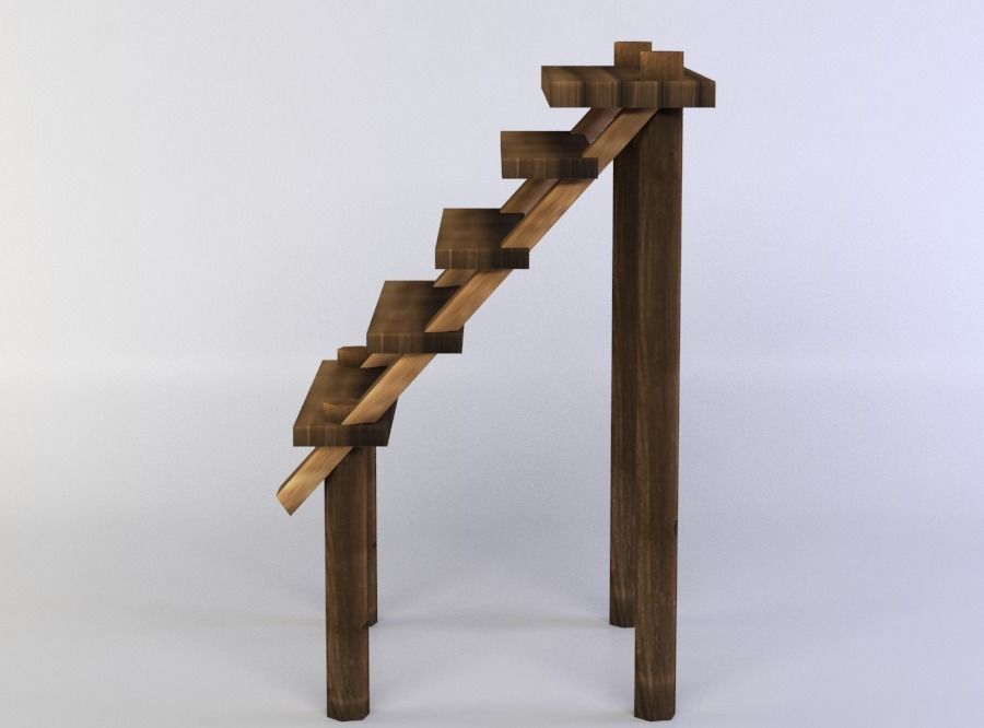 Wooden Stairs Low-poly 3D model_0
