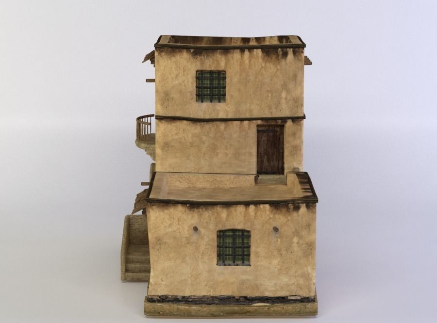 House old building with stairs and windows Low-poly 3D model_0