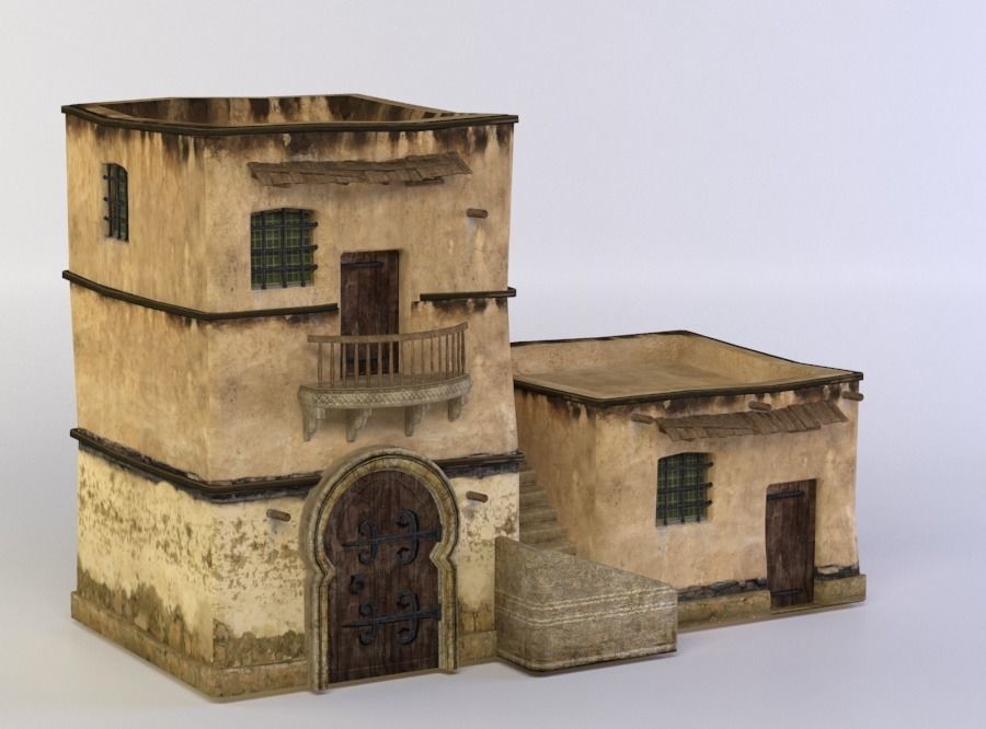 House old building with stairs and windows Low-poly 3D model_2