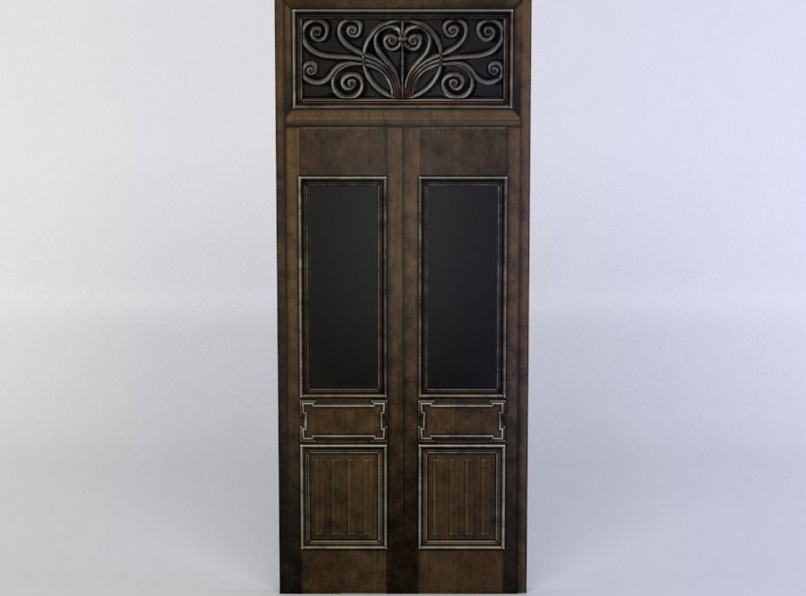 Door wooden with ornate design Low-poly 3D model_0