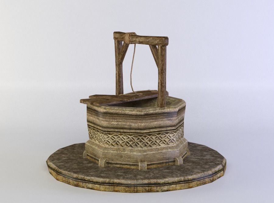 Well wooden structure with barrel on top Low-poly 3D model_2