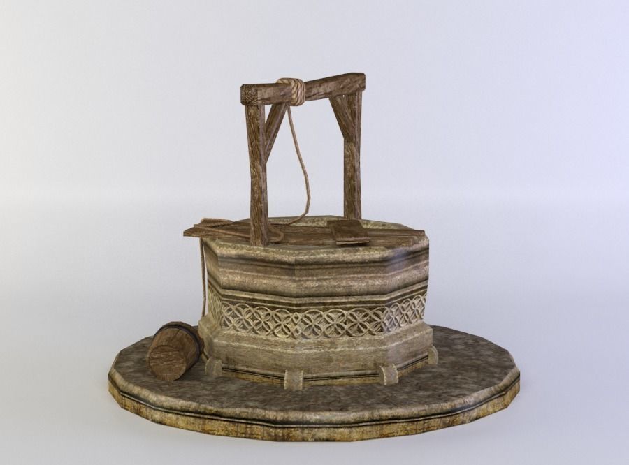 Well wooden structure with barrel on top Low-poly 3D model_1