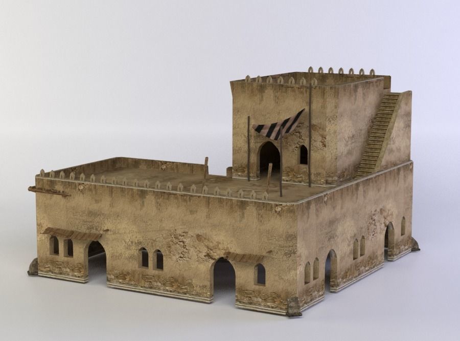 Building with flag Low-poly 3D model_1