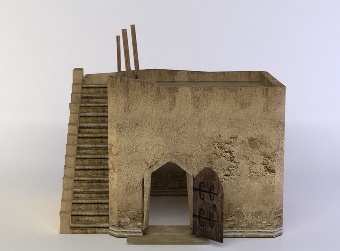 Building old with stairs and door Low-poly 3D model
