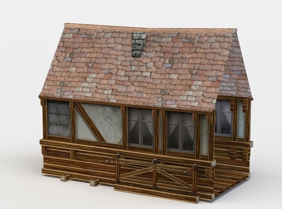 Building wooden cabin with roof Low-poly 3D model_1