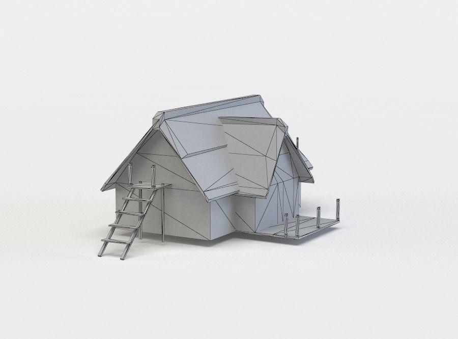House wooden with roof Low-poly 3D model_4