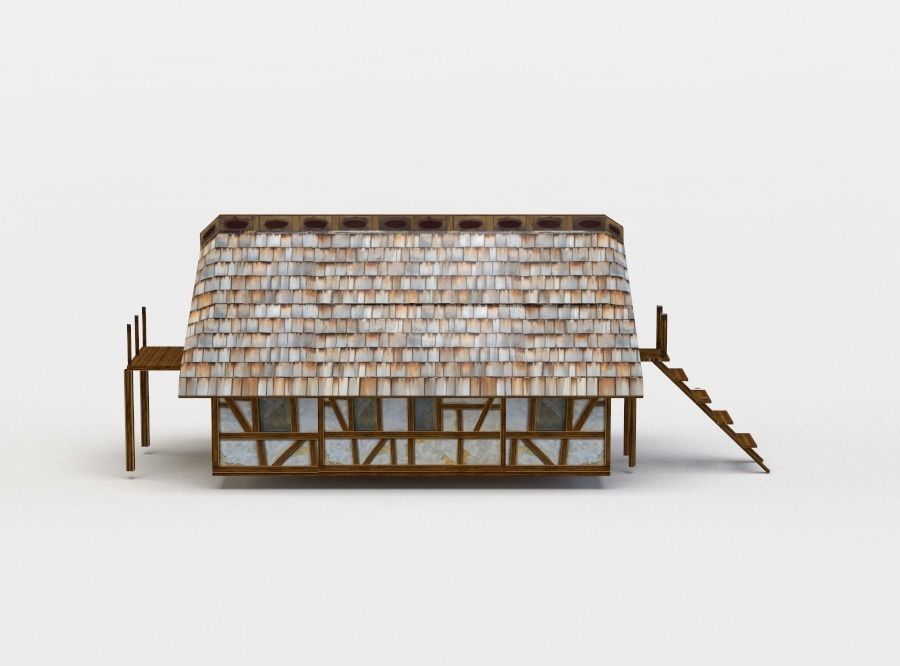 House wooden with roof Low-poly 3D model_0