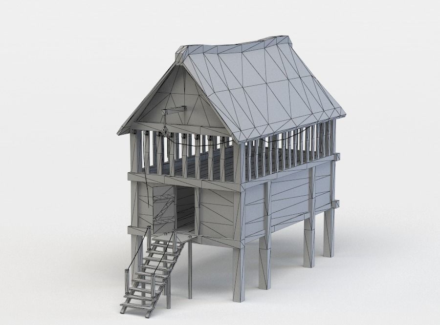 Building wooden house with roof Low-poly 3D model_4