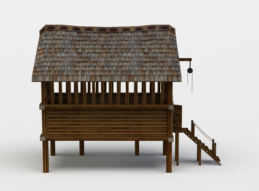 Building wooden house with roof Low-poly 3D model_0