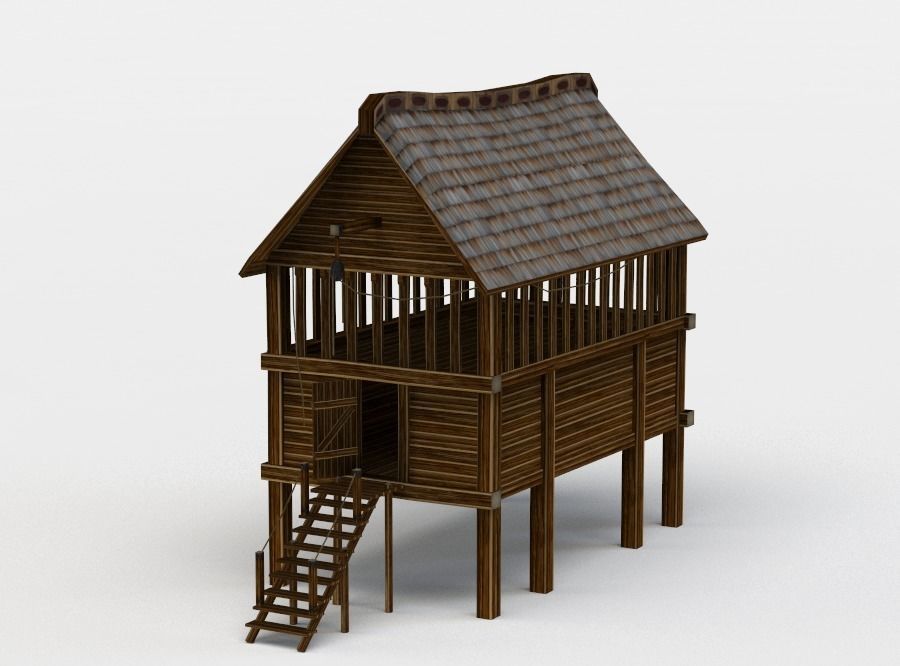 Building wooden house with roof Low-poly 3D model_1