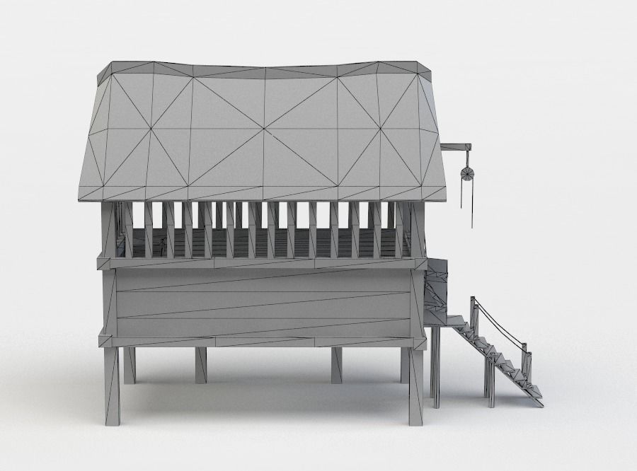 Building wooden house with roof Low-poly 3D model_3