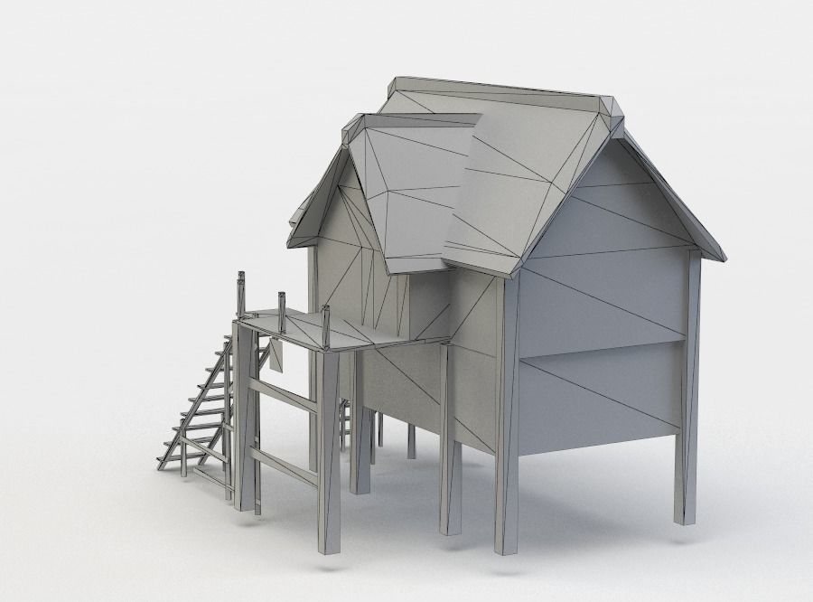 Building wooden house with roof Low-poly 3D model_5