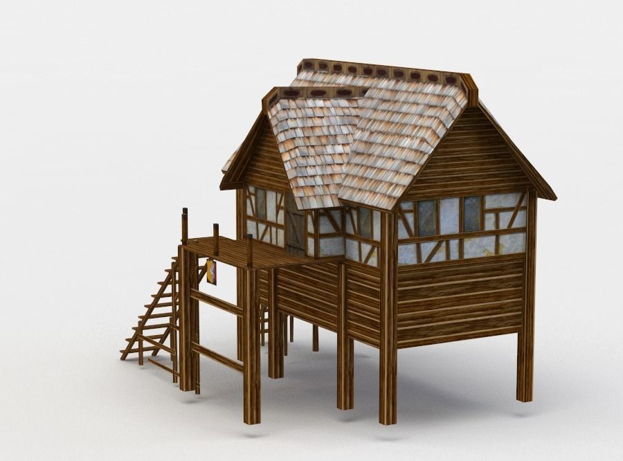 Building wooden house with roof Low-poly 3D model_2