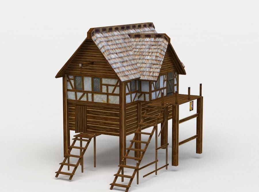 Building wooden house with roof Low-poly 3D model_1
