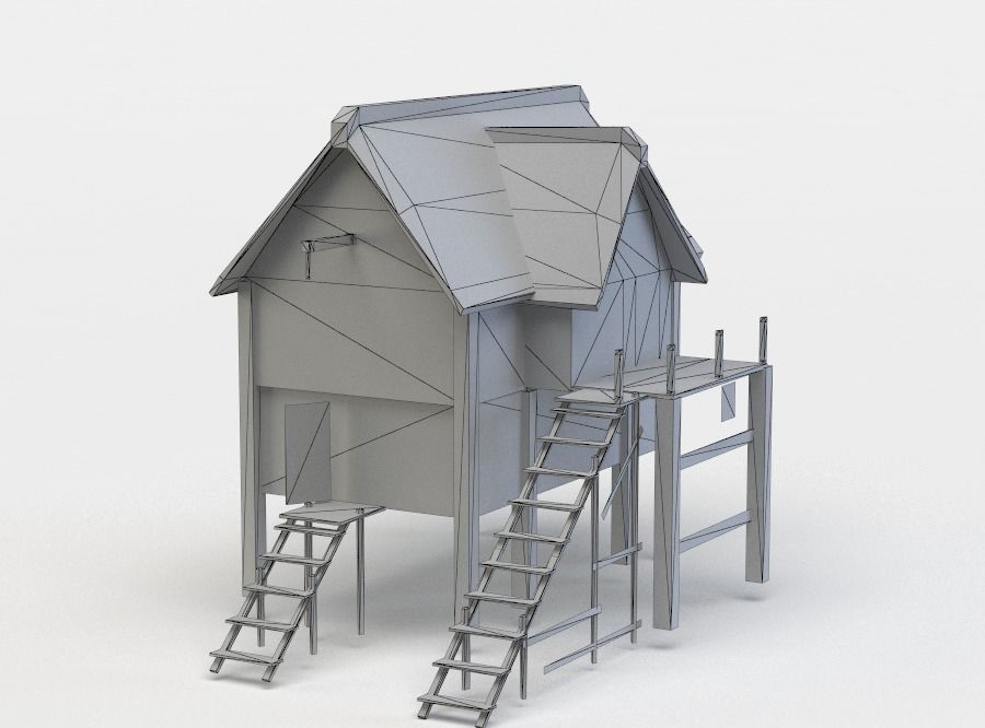 Building wooden house with roof Low-poly 3D model_4