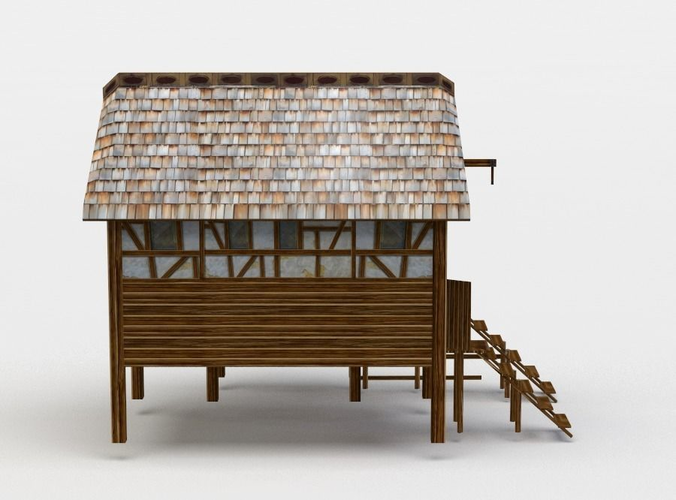 Building wooden house with roof Low-poly 3D model