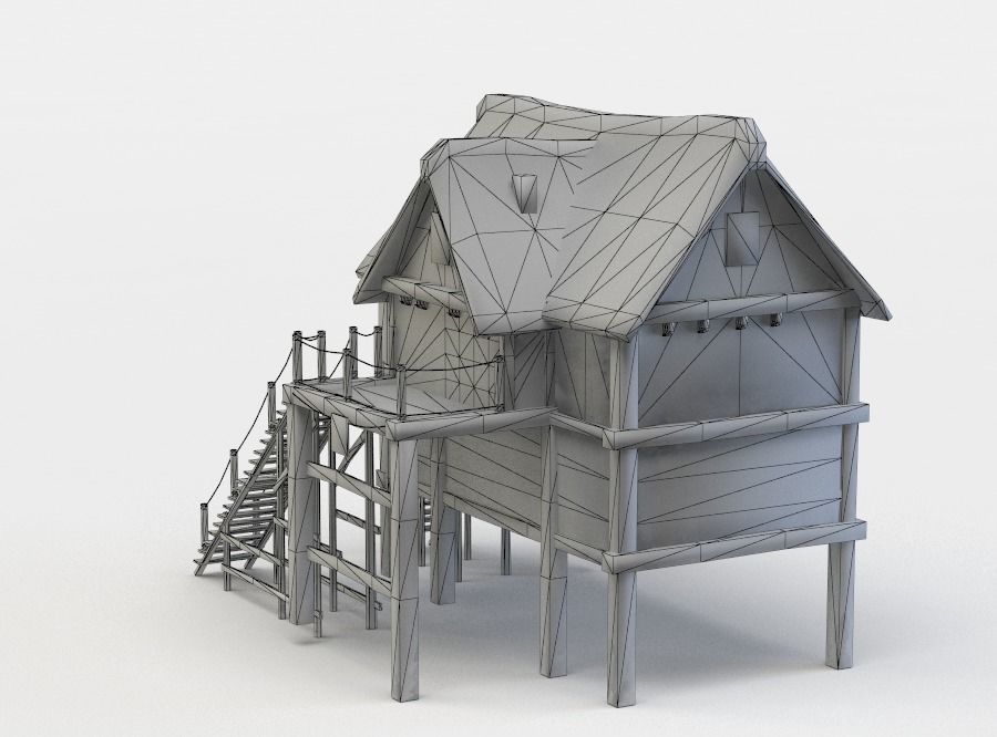 House wooden with roof Low-poly 3D model_5
