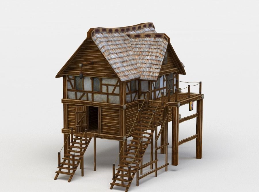 House wooden with roof Low-poly 3D model_1