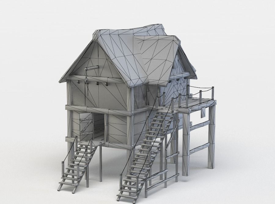 House wooden with roof Low-poly 3D model_4