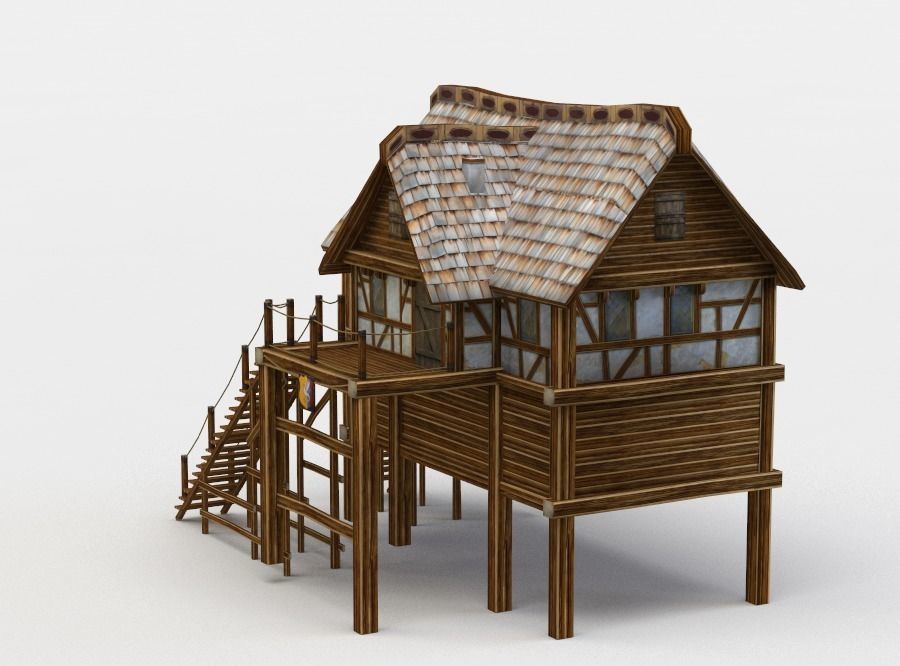House wooden with roof Low-poly 3D model_2