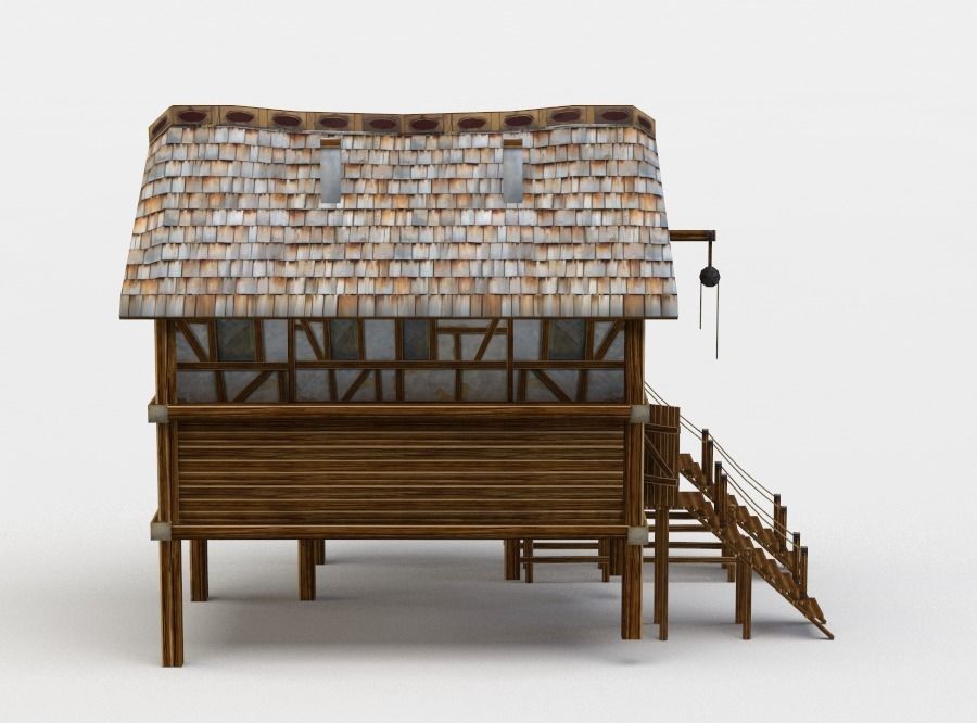 House wooden with roof Low-poly 3D model_0