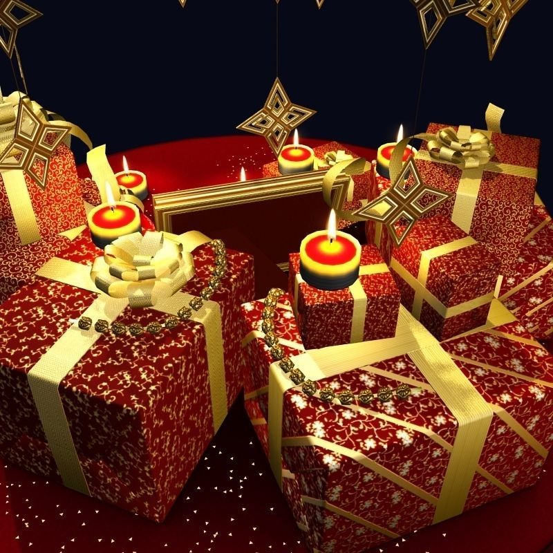 2026 Christmas scene bunch of presents in a room with candles Low-poly 3D model_3
