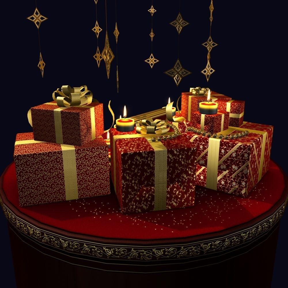 2026 Christmas scene bunch of presents in a room with candles Low-poly 3D model_14
