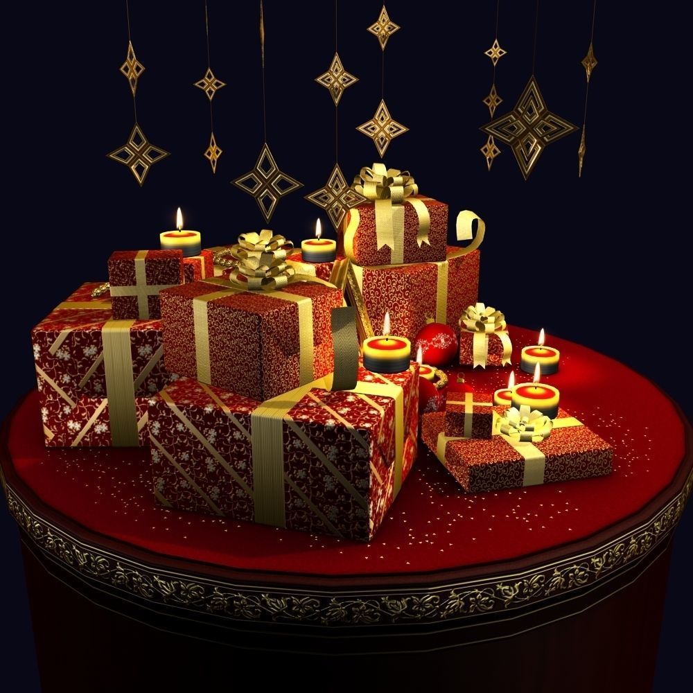 2026 Christmas scene bunch of presents in a room with candles Low-poly 3D model_12