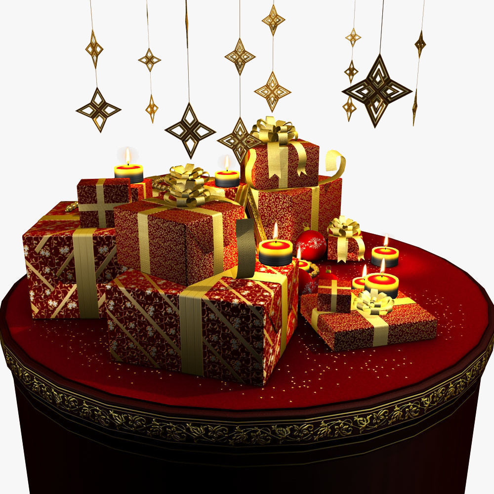 2026 Christmas scene bunch of presents in a room with candles Low-poly 3D model_7