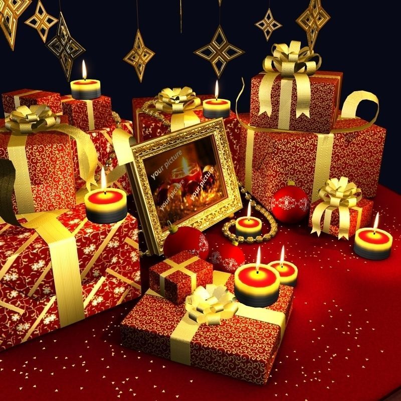 2026 Christmas scene bunch of presents in a room with candles Low-poly 3D model_2