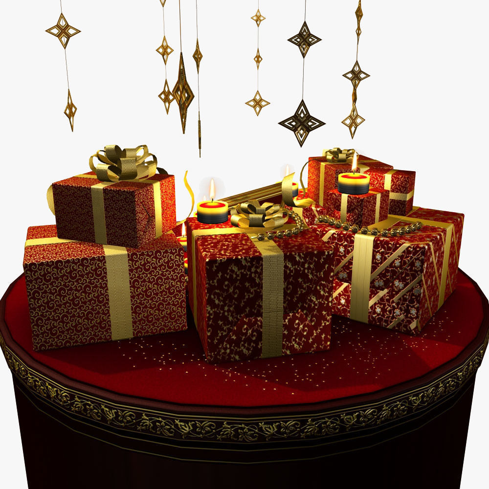 2026 Christmas scene bunch of presents in a room with candles Low-poly 3D model_9