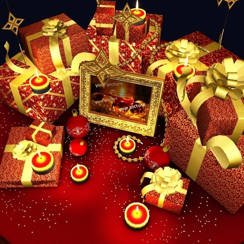 2026 Christmas scene bunch of presents in a room with candles Low-poly 3D model_1
