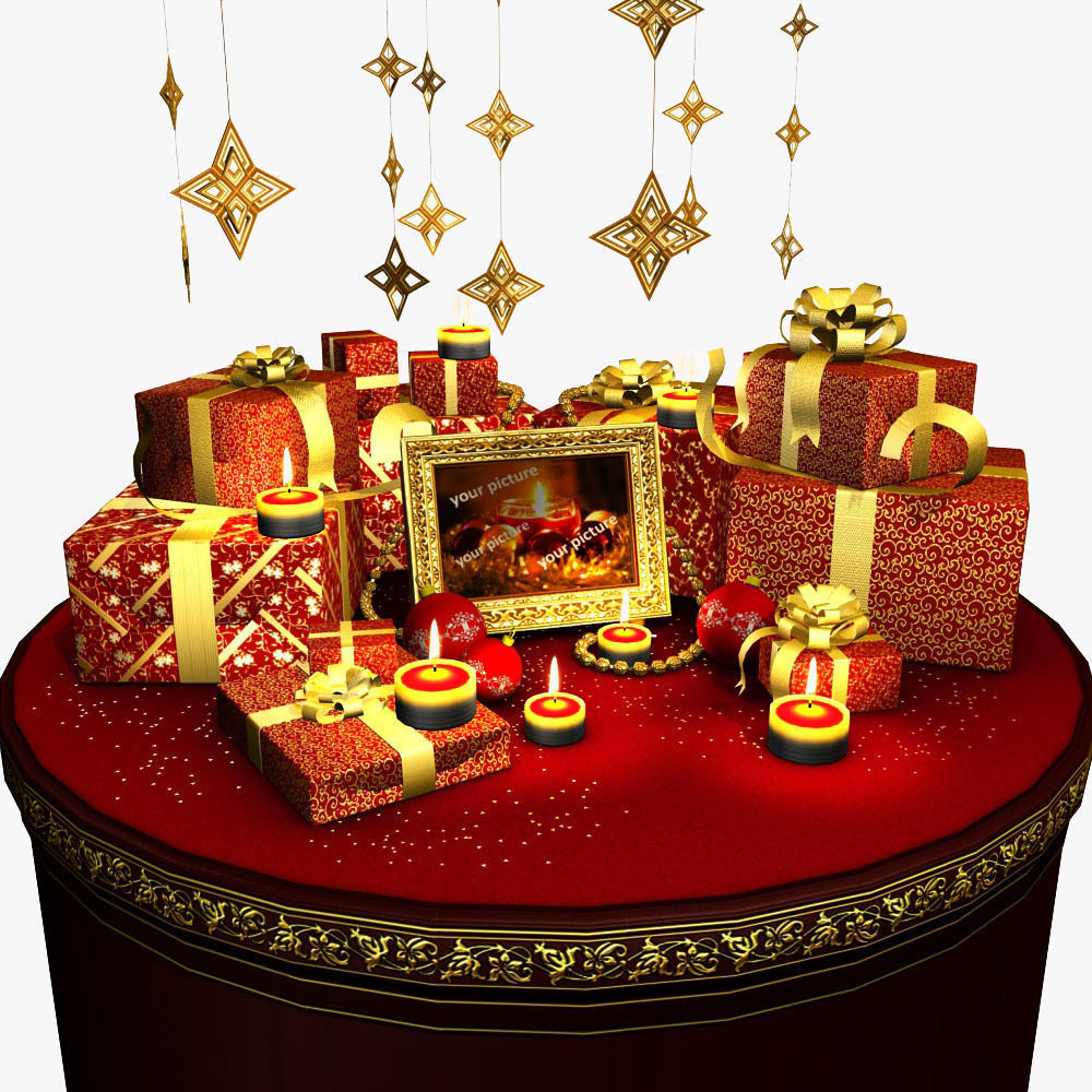 2026 Christmas scene bunch of presents in a room with candles Low-poly 3D model_6