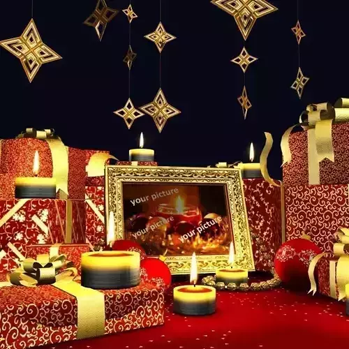 Christmas scene with a bunch of presents in a room with candles  Low-poly 3D model