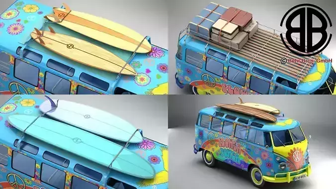 Volkswagen T1 Samba 1963 Hippie Accessories 3D model