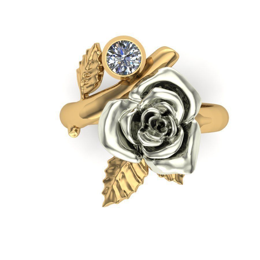 Golden ring in the form of a rose flower 3D print model_3