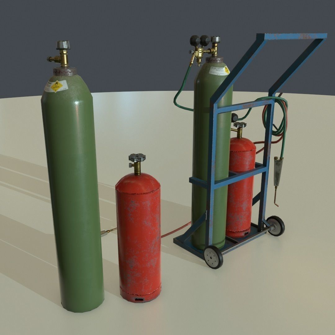 PBR Welding Set gas cylinders on cart Low-poly 3D model_2