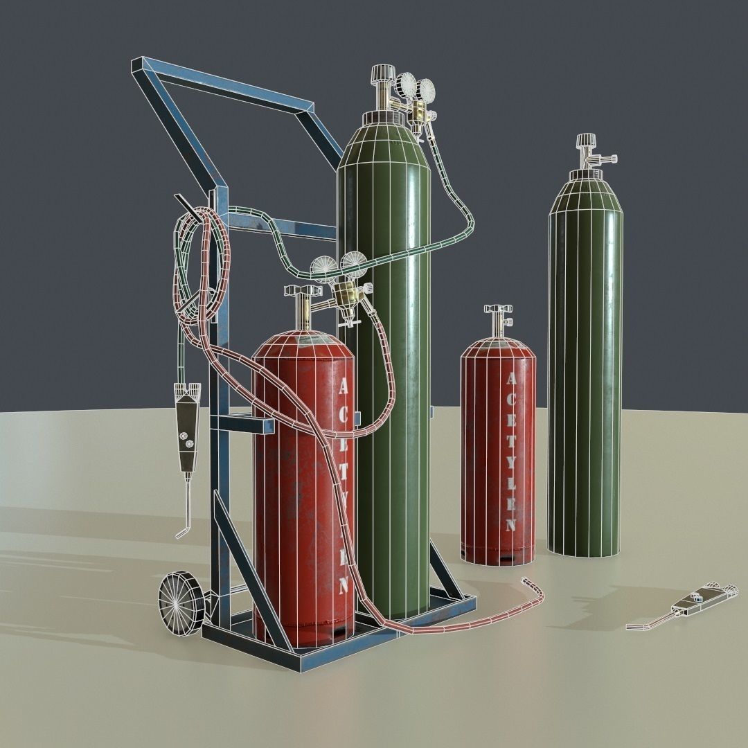 PBR Welding Set gas cylinders on cart Low-poly 3D model_4