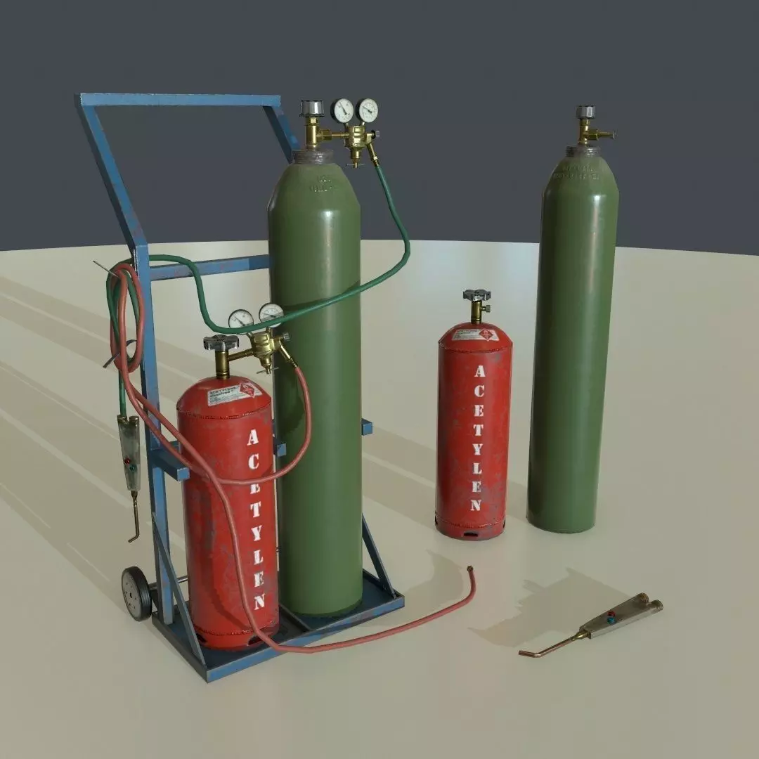 PBR Welding Set gas cylinders on cart Low-poly 3D model_0