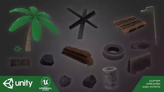 Low Poly Props items including palm tree and bricks Free low-poly 3D model