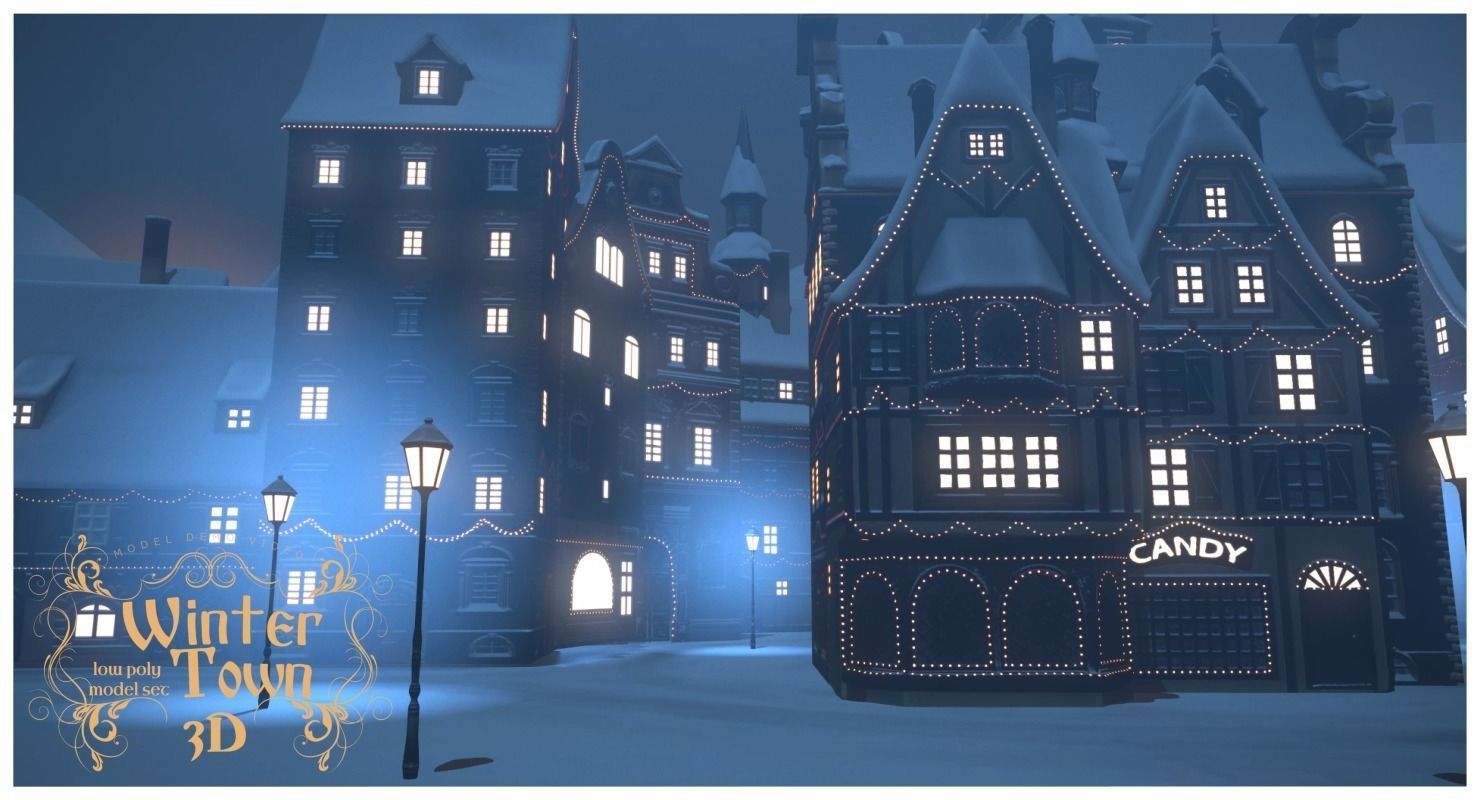 Winter Town Low-poly 3D model_9