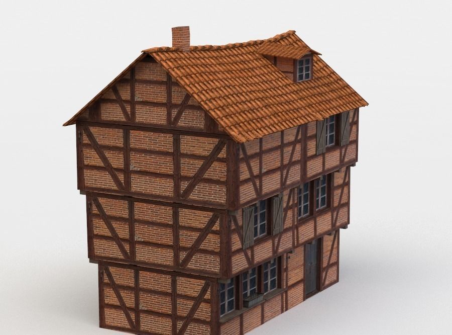 House wooden with tile roof Low-poly 3D model_1