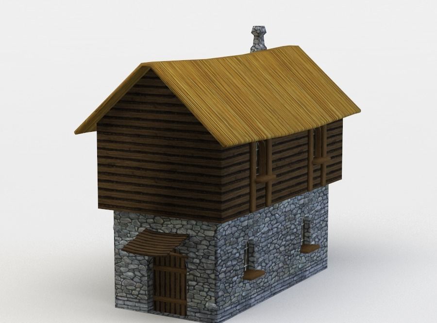 House wooden with roof Low-poly 3D model_1