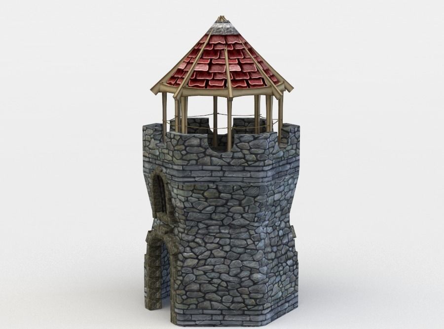 Tower stone with roof Low-poly 3D model_2